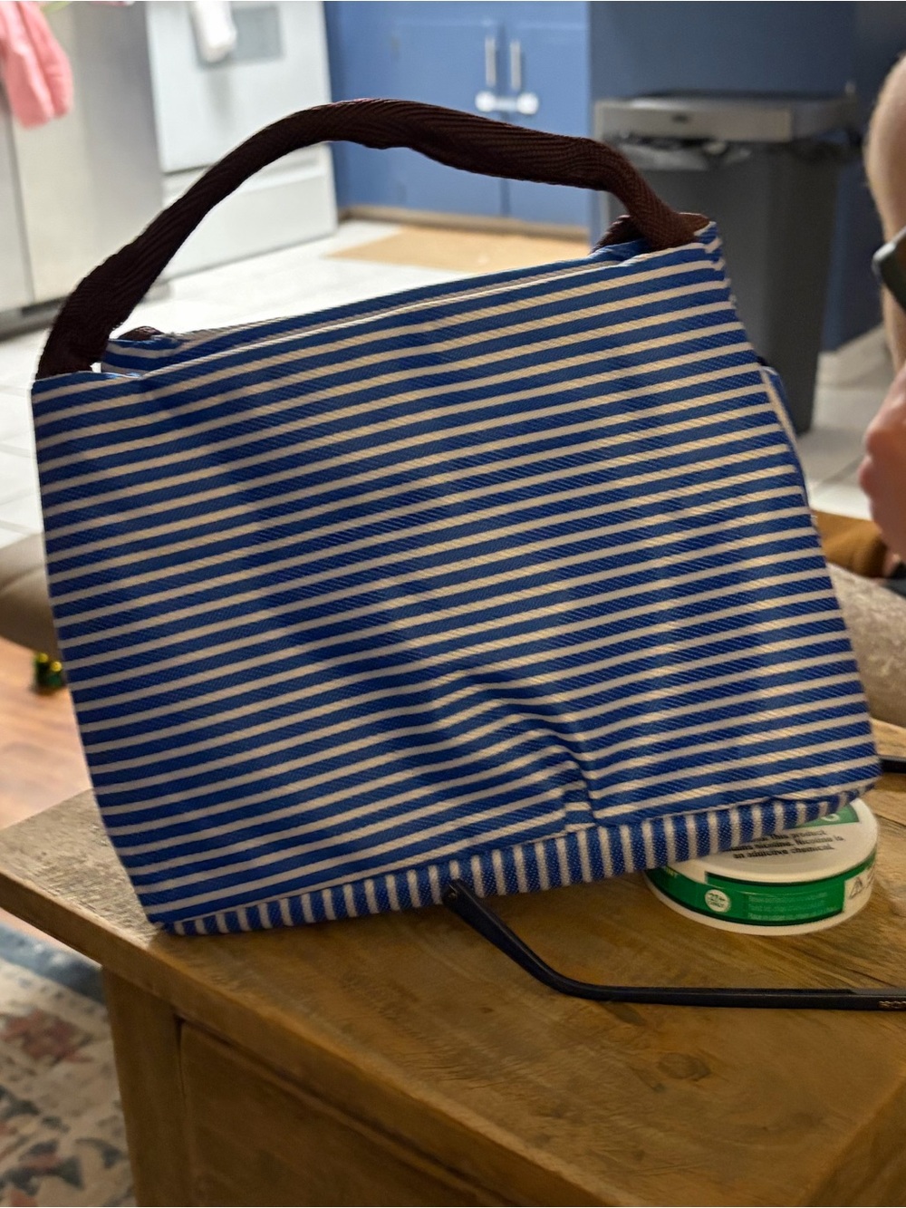 Striped Blue Lunch Tote Bag with Brown Handle